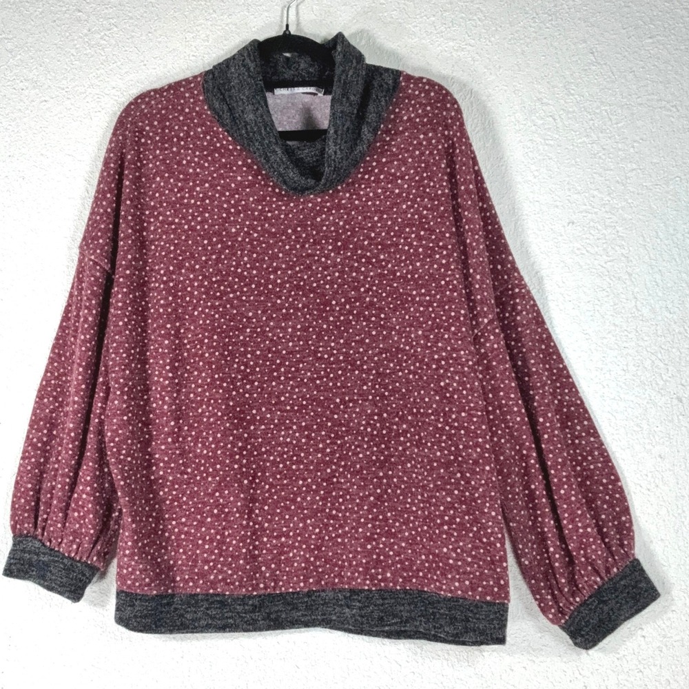 Chris & Carol Burgundy Polka Dot Cowl Neck Top - XL - Dolman Sleeve Boho Casual